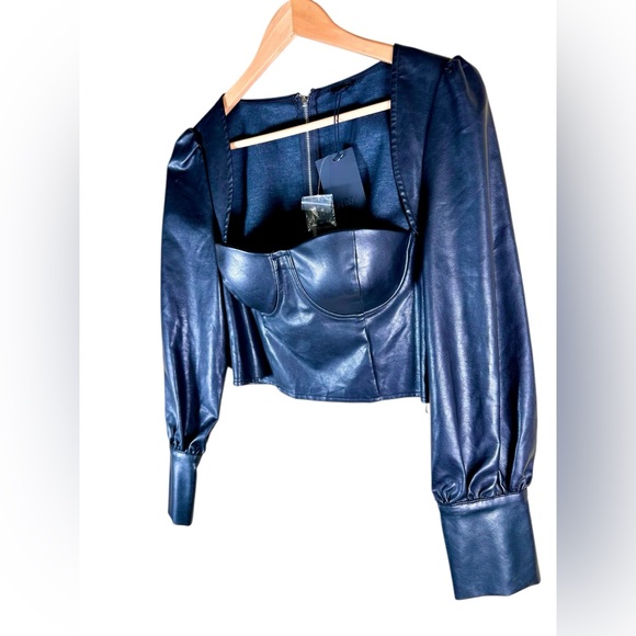 NWT NBD Black FIA Faux Leather Long Sleeve Crop Top Corset - Picture 3 of 8